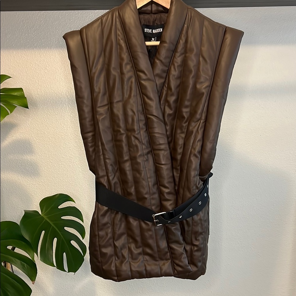 NWT Steve Madden Narcisa Vest | Brown Quilted Faux Leather | Belted | Sz Medium